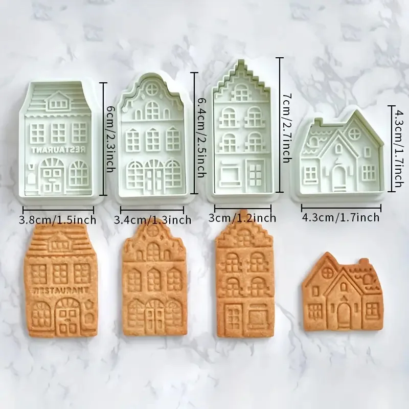 4Pcs Christmas Gingerbread House Cookie Cutters 3D Baking Molds Fondant Cake Decoration Pastry Biscuit Stamp Baking Accessories