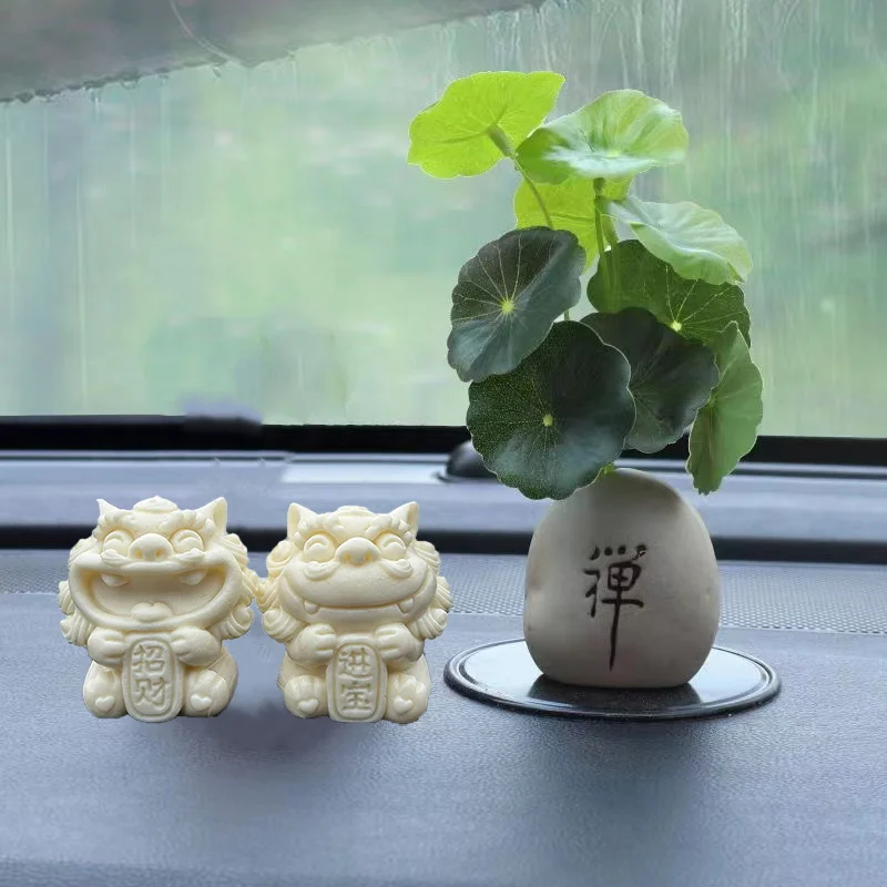 Cartoon Gathering Wealth Lion Animal Figurine Hand-carved Chinese mascot Home Room Car Office Feng Shui Gift Statue 2 PCS