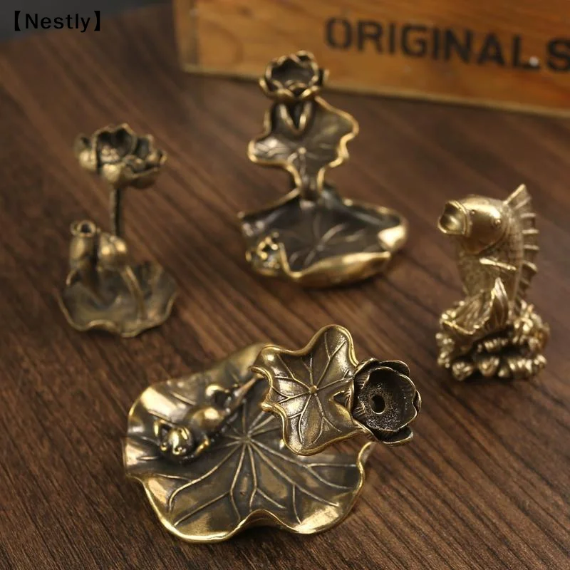 Antique Brass Leaf Backflow Incense Decorations Solid Pure Copper Frog Pond Censer Holder Ornaments Tea Pets〔Nest〕