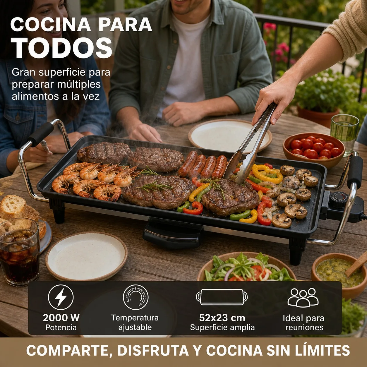 Plancha Eléctrica de Mesa 2000W con Superficie Antiadherente de 52x23cm, Temperatura Ajustable y Asas de Toque Frío para Barbacoa sin Humo en Interiores