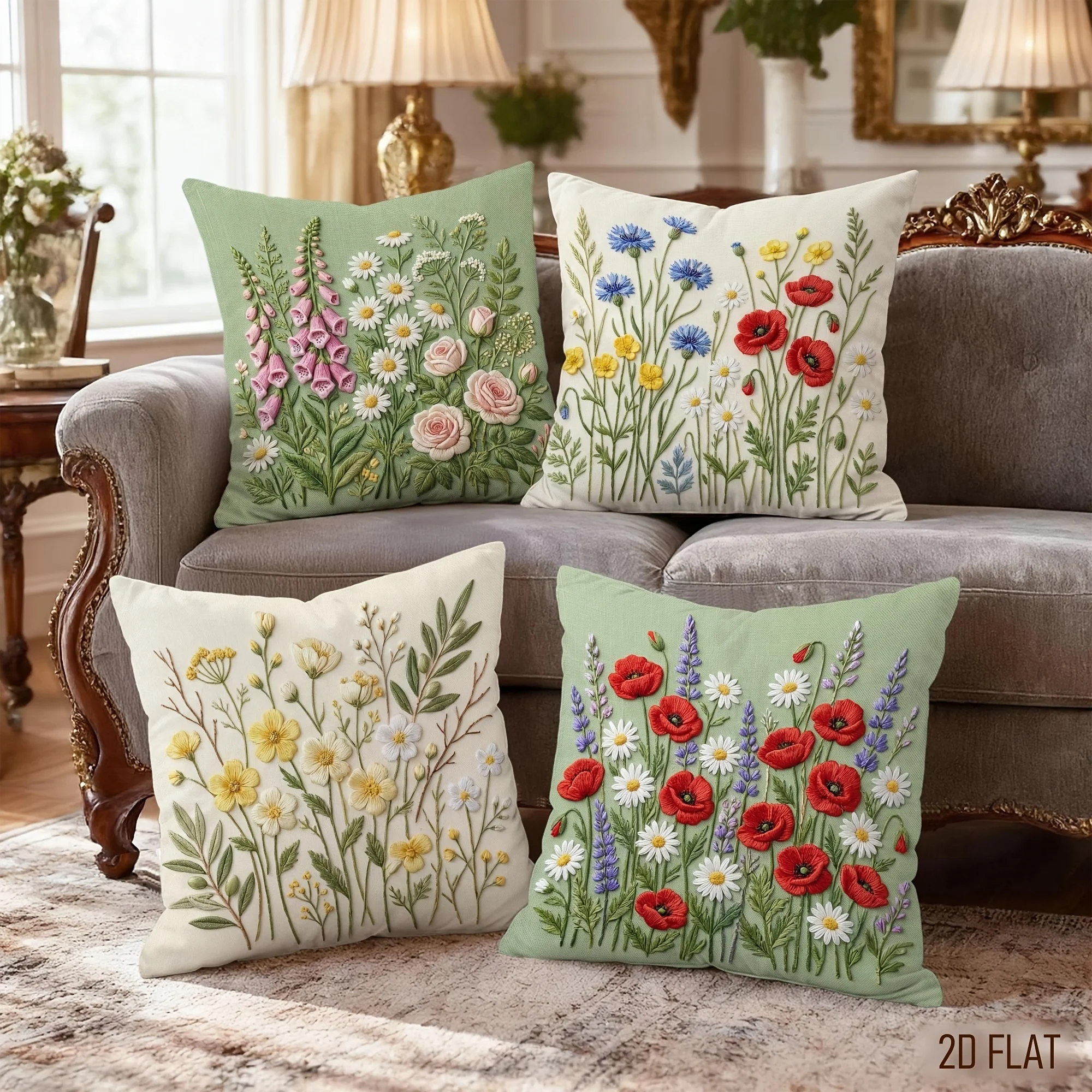 

4pcs Embroidered Floral Wildflower Cushion Cover Plant Printed Pillow Case Polyester Home Decor Sofa Living Room Bedroom 2D Flat