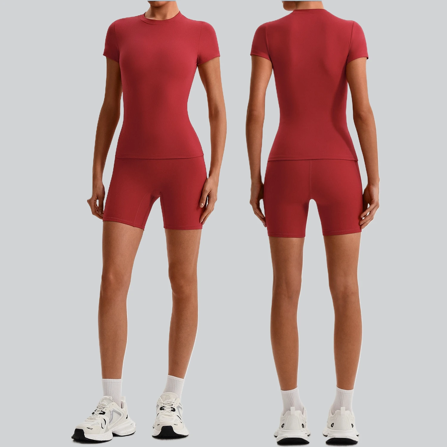 Gym Workout Yoga Set Short-sleeve Top & Shorts - Skin-friendly Breathable Slim-fit Activewear Fitness Outdoor Running Sportswear