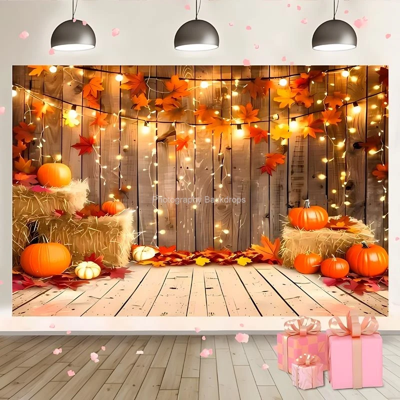 

Autumnal Pumpkins Photography Backdrops Props Halloween Day Maple Leaf Scarecrow Farm Harvest Thanksgiving Background RR-02