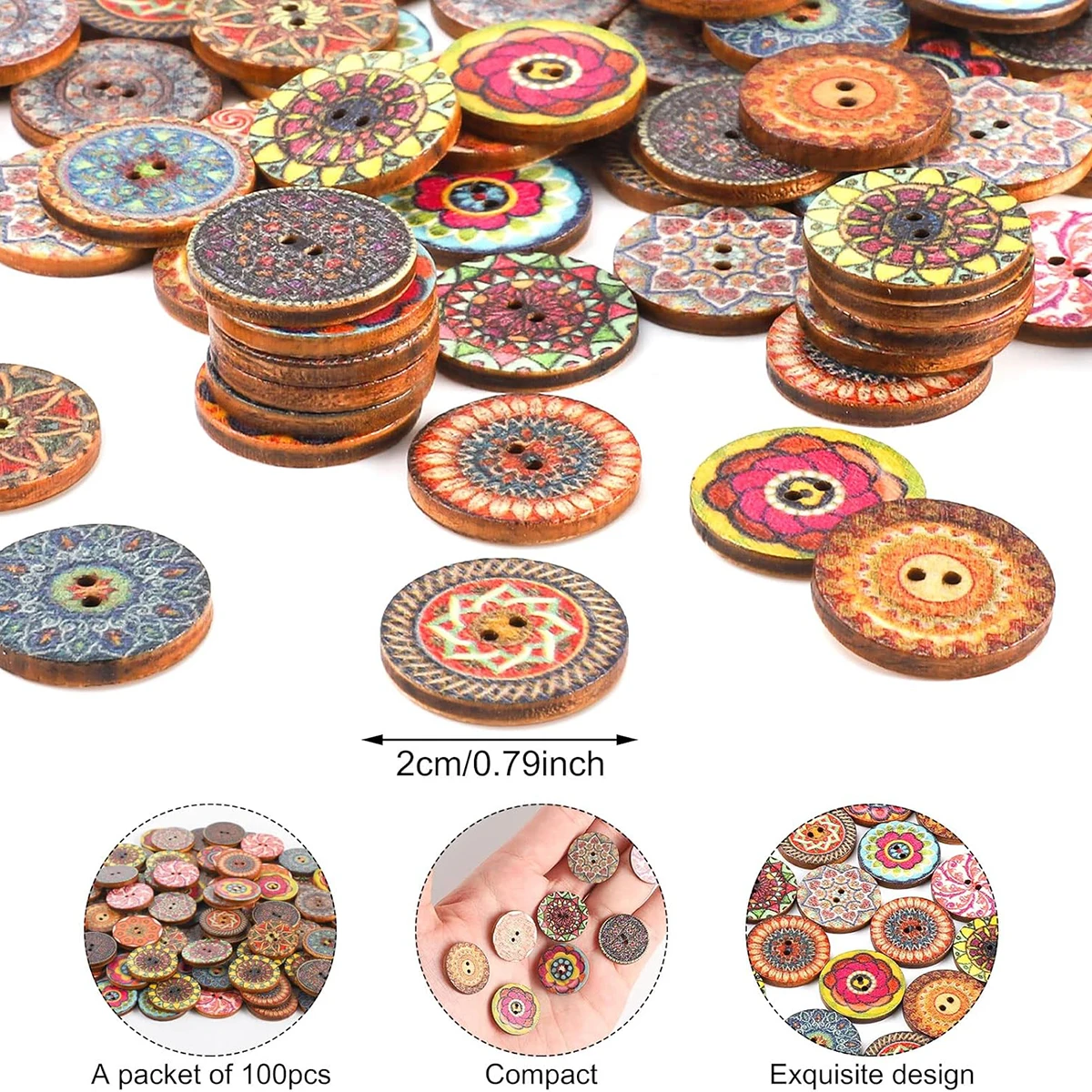 100Pcs Mixed Color Wood Buttons 20mm Natural Round Shapes Retro Buttons Vintage Buttons with 2 Holes for DIY Sewing Crafts