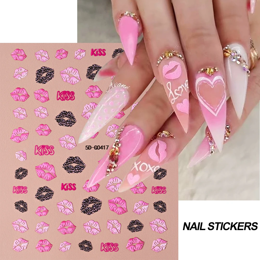 5D Sexy Lippen Nagelaufkleber Liebe Herz Buchstabe „KISS“ Rosa Rose Rote Lippen Nagelaufkleber Valentinstag DIY Romantische Maniküre Sliders