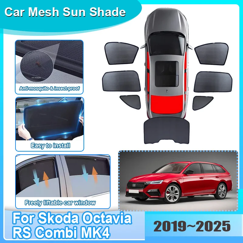 Car Window Sunshade For Skoda Octavia RS Combi MK4 2019-2025 Visor Mesh UV Protection Windshield Frame Curtain Auto Accessories