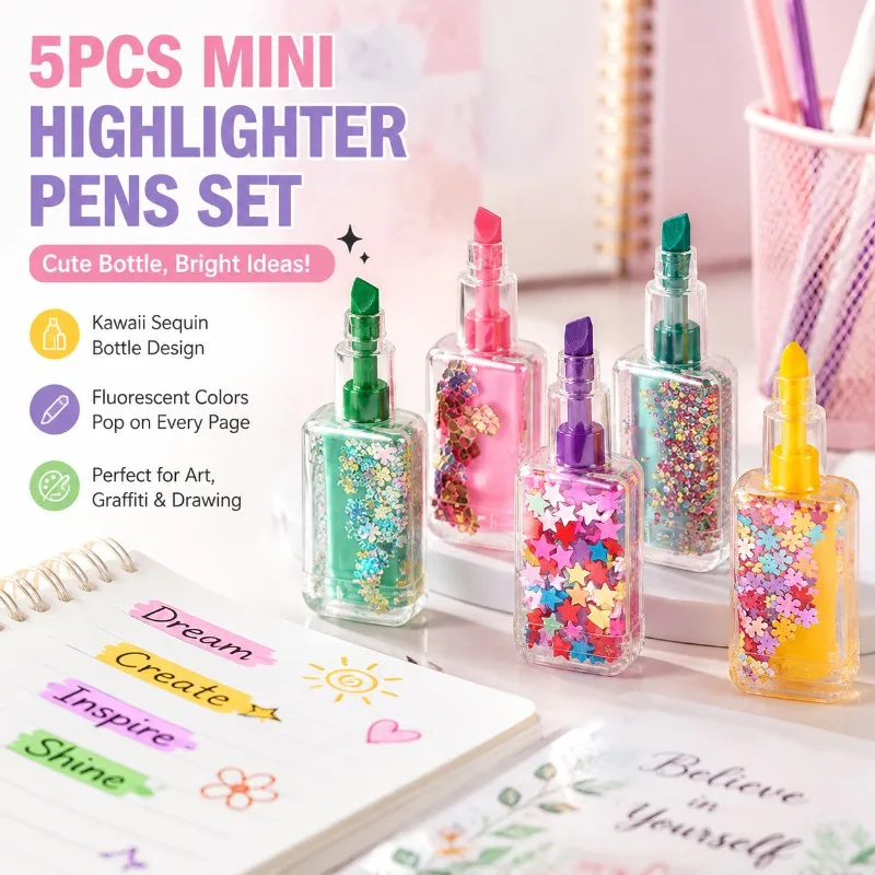 5pcs Mini Highlighter Pens Set, Kawaii Sequin Nail Polish Bottle Design, Fluorescent Art Graffiti Markers for Drawing,
