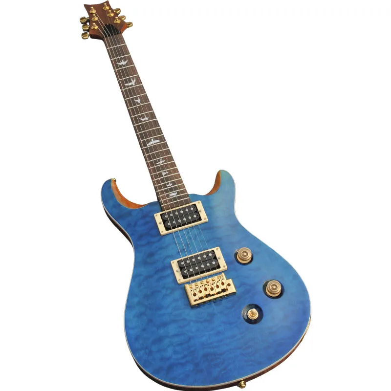 Cuerpo azul, guitarra eléctrica de alta calidad, guitarra eléctrica pequeña de doble roca, chapa de flores grandes, accesorios metálicos.