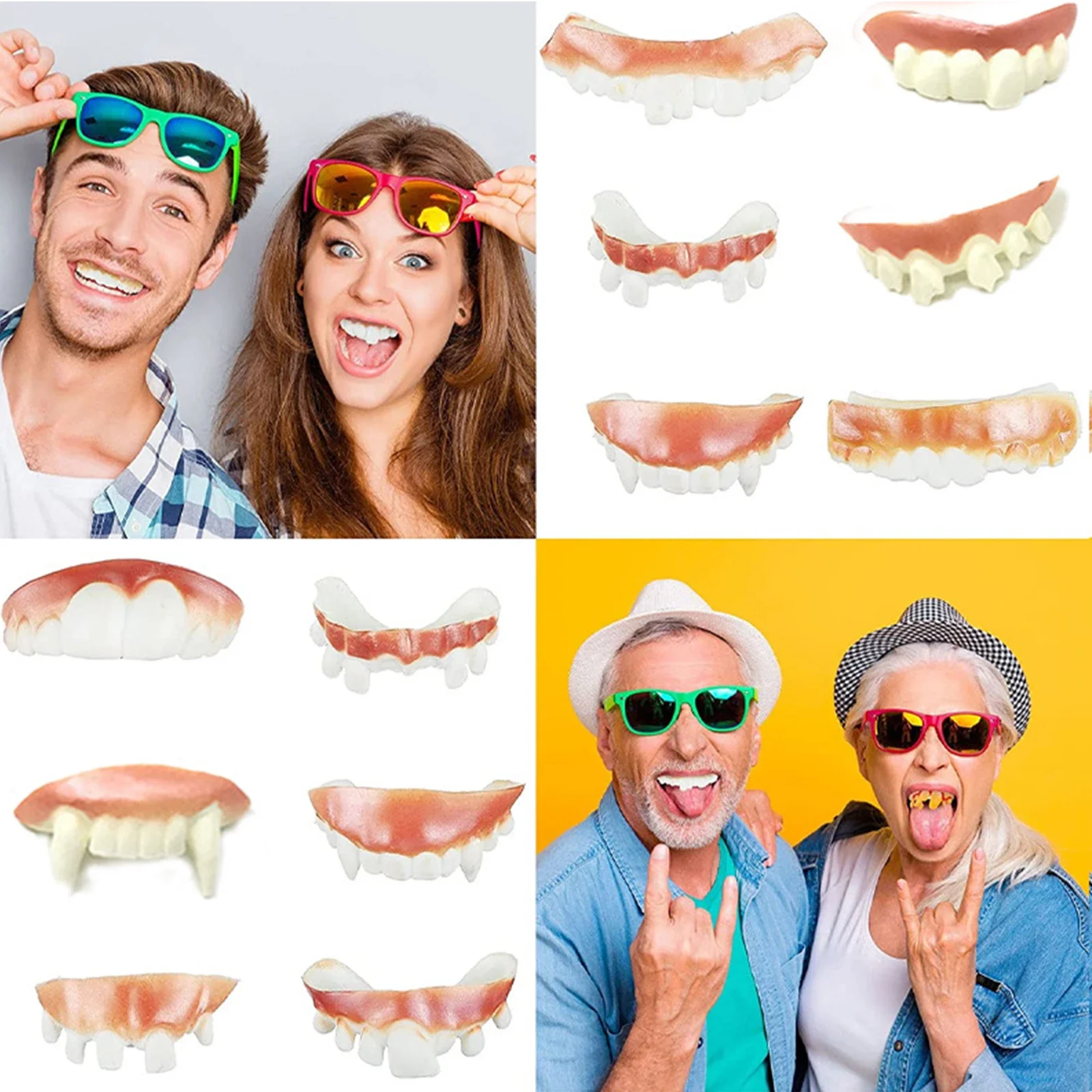 12 Types of Dentures for Halloween Cosplay Makeup Party Prank Funny Ghost Festival Crooked Teeth Soft Rubber Teeth Prank Prop