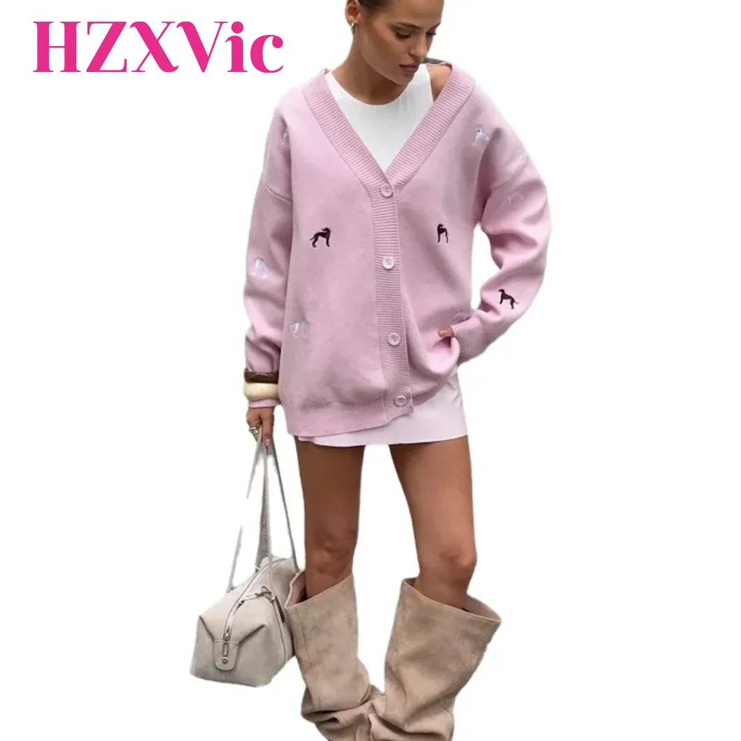 

HZXVic женский свитер с v-образным вырезом и вышивкой в виде щенка, с длинными рукавами, свободный крой в стиле ретро, ленивый стиль, осенний топ для девочек