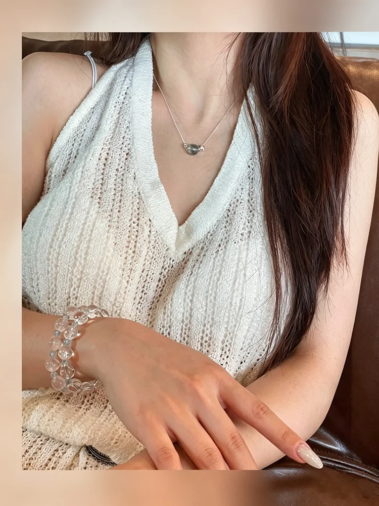 Silberfarbene Halskette mit einzelnem runden künstlichen Imitationskristall-Anhänger für Damen und Herren, Box-Kette, zierlicher Choker, Schmuck, Geschenk – Detail 7