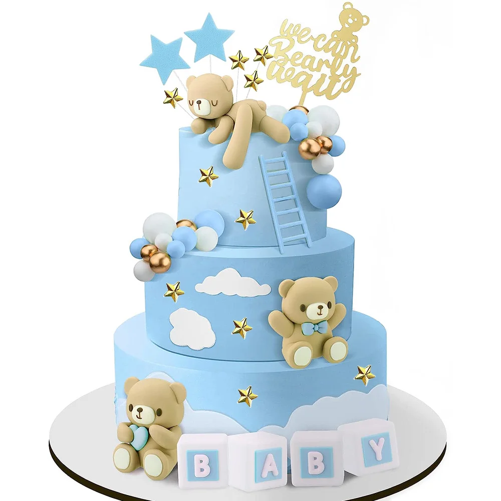 Baby Shower Cake Topper Boy Bear Cake Toppers Mini Bear Cake Decorations Gold White Pearl Ball for Boy Girl Baby Shower Birthday