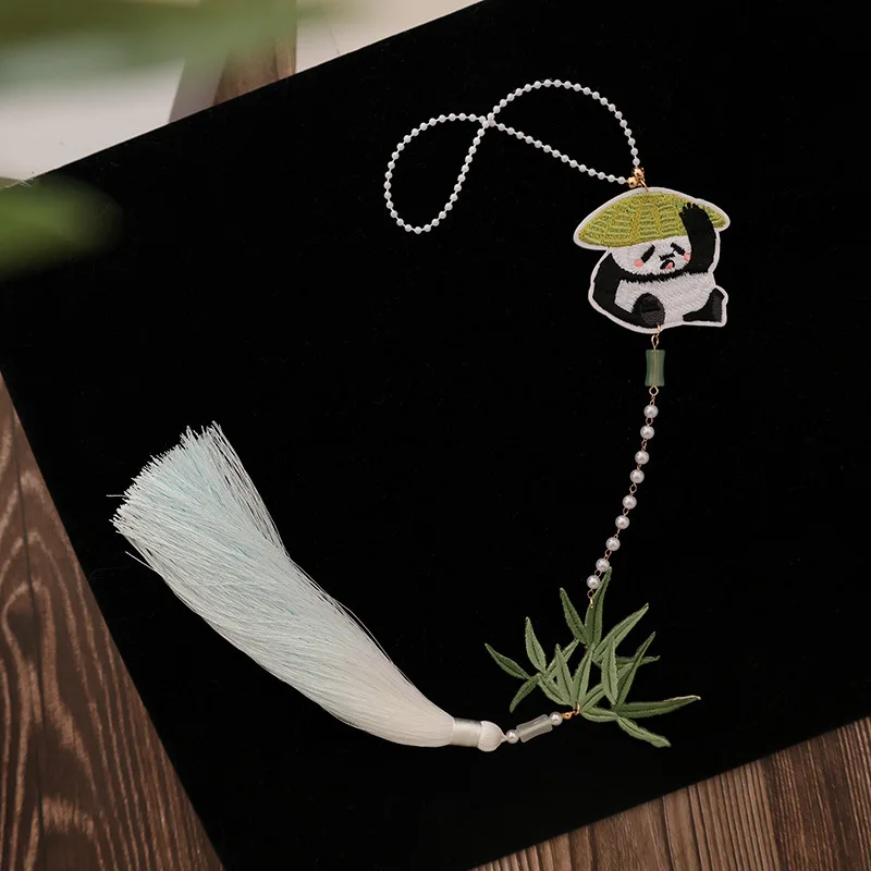 Chinese Style Cute Panda Bamboo Leaf Embroidery Hanfu Waist Hanging Pendant Long Gradient Tassel Traditional Costume Accessory