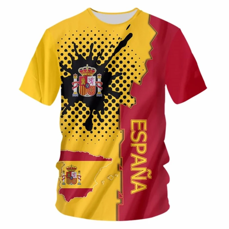 Red And Yellow T-shirt Men's Clothing 3D Printed Spain National Emblem Pattern T Shirts Cool Streetwear Trend Crew Neck Tee Top