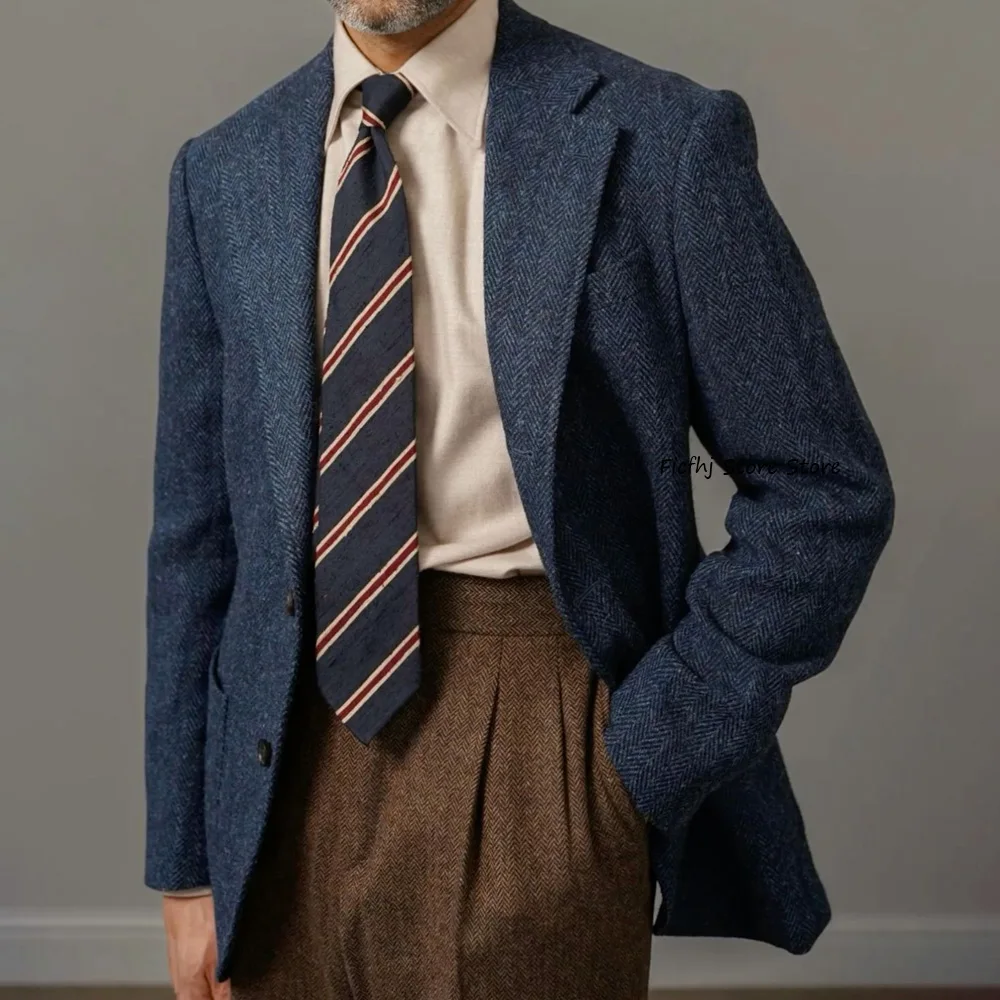 

Мужской деловой пиджак в городском стиле, винтажный, с узором «ёлочка», повседневный, однобортный, с отложным воротником