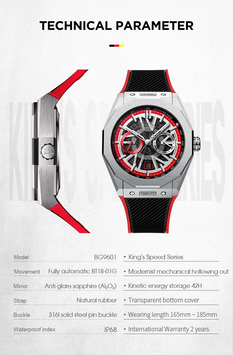 BONEST GATTI Men Automatic Watch Luxury Mechanical Wristwatch Skeleton Waterproof Sapphire Luminous Viton Strap Month Week Date