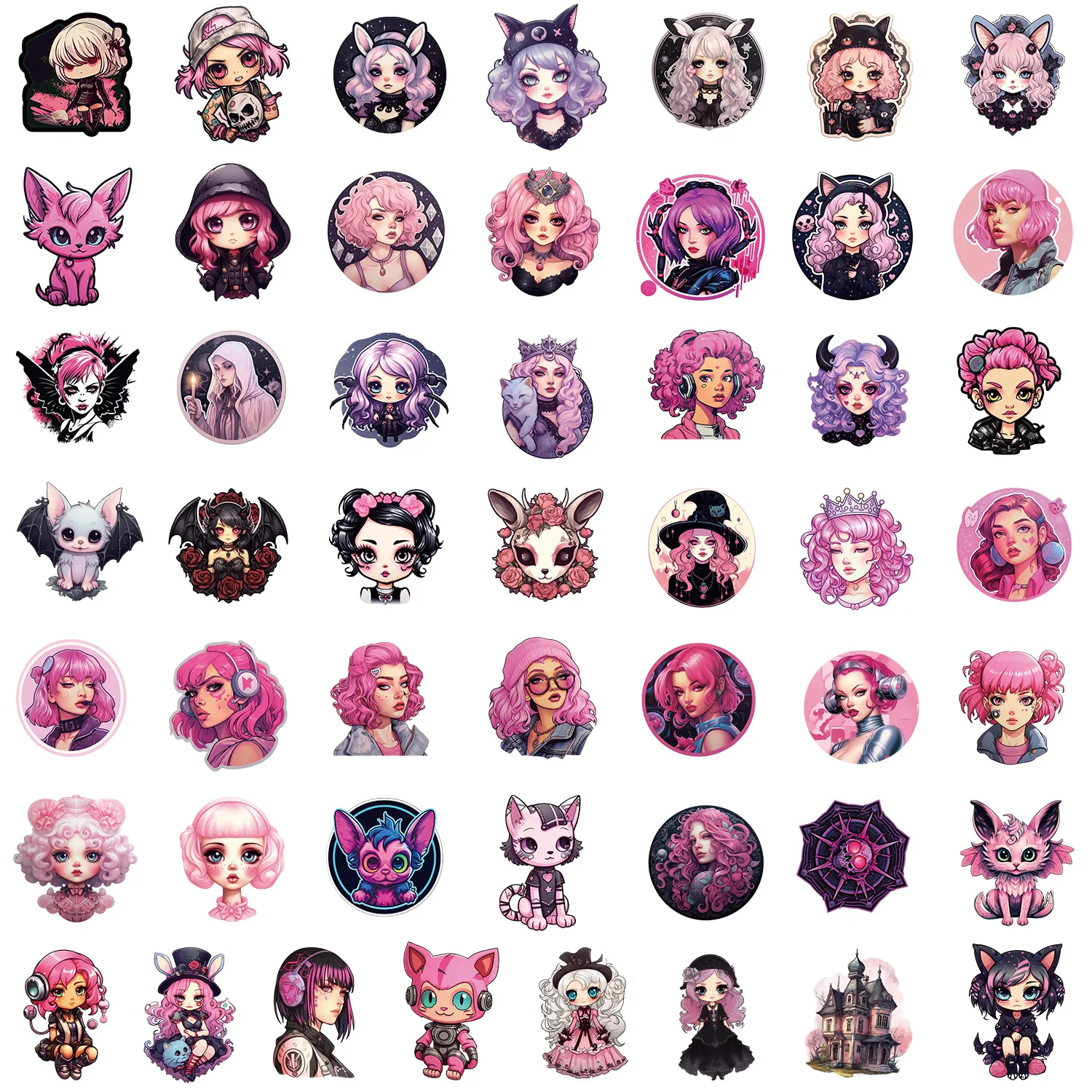 10/30/50PCS Cool Pink Goth Girl Cartoon Sticker DIY Phone Laptop Luggage Skateboard Graffiti Decals Fun for Kid Toy