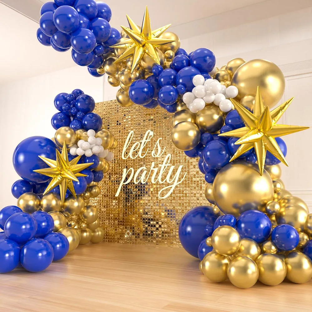 Conjunto de arco de guirnalda de globos azul real y dorado, Globo de Oro azul y blanco con estrella, globo de papel de aluminio, adecuado para graduación 141, aniversario, cumpleaños, decoración de fiesta de retiro