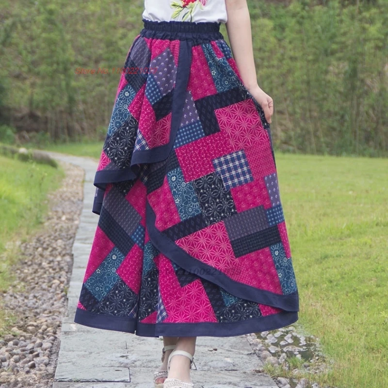 2025 national harajuku vintage flower print patchwork skirt midi elastic waist traditional skirt oriental vintage a-line skirt