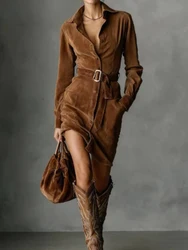 Long Sleeve Turn Down Collar Buttons Elegant Dress Women Autumn Solid Patchwork Simple Party Dress Office Ladies Dress With Belt