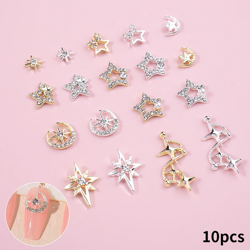 10pcs 3D Metal Hollow Pentagram Stars Crystal Nail Charms Five-Pointed Star Rhinestones Nails Art Decorations Jewelry Manicure