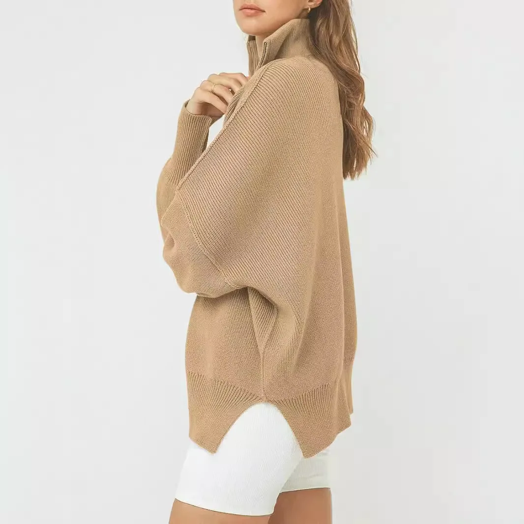 Semi-zipper Stand-up Collar Sweater Women's Autumn and Winter Lazy Wind Loose Pullover Sweater Women's Coat