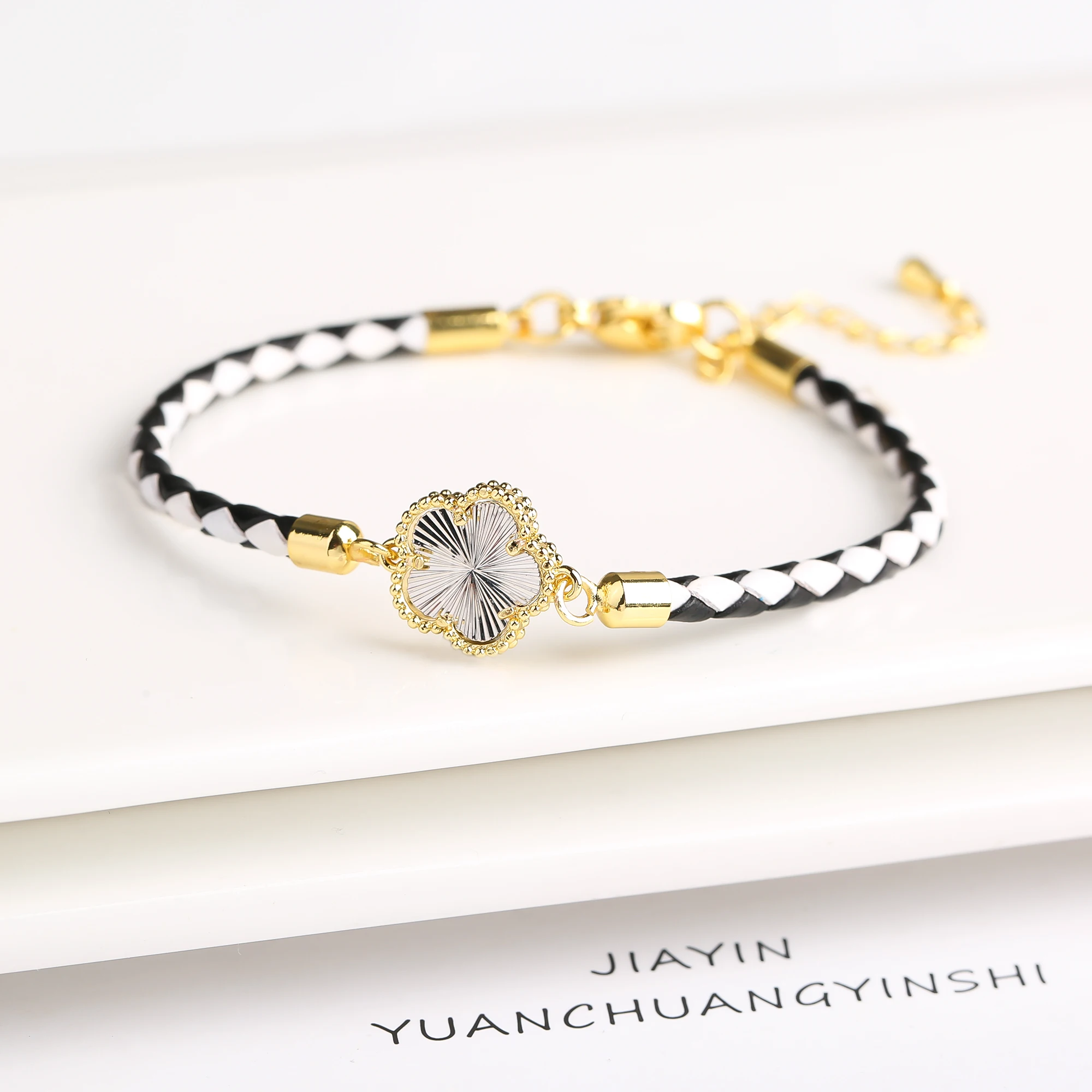 Classic Genuine Leather Woven Natural Stone Flower Charm Bracelet