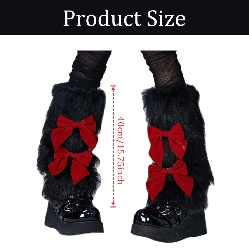 Winter Furry Plush Leg Warmers for Women Sweet Bowknot Christmas Boot Toppers