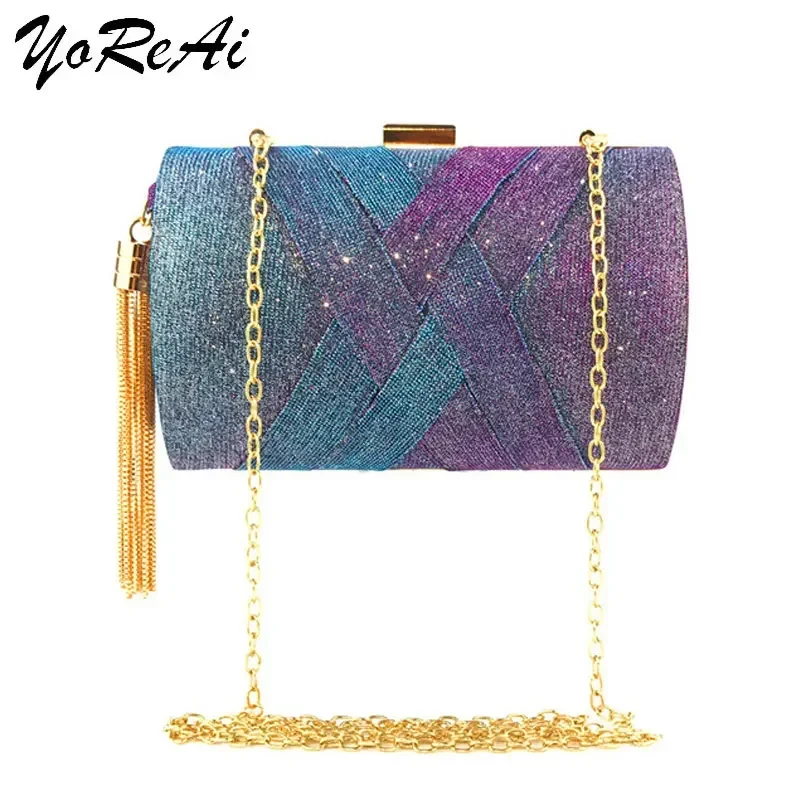 YoReAi New Wallet Stylish  Dinner Bag Evening Luxury Women Bridal Party Prom Golden Tassel Wedding Clutch Purse Shiny Handbag