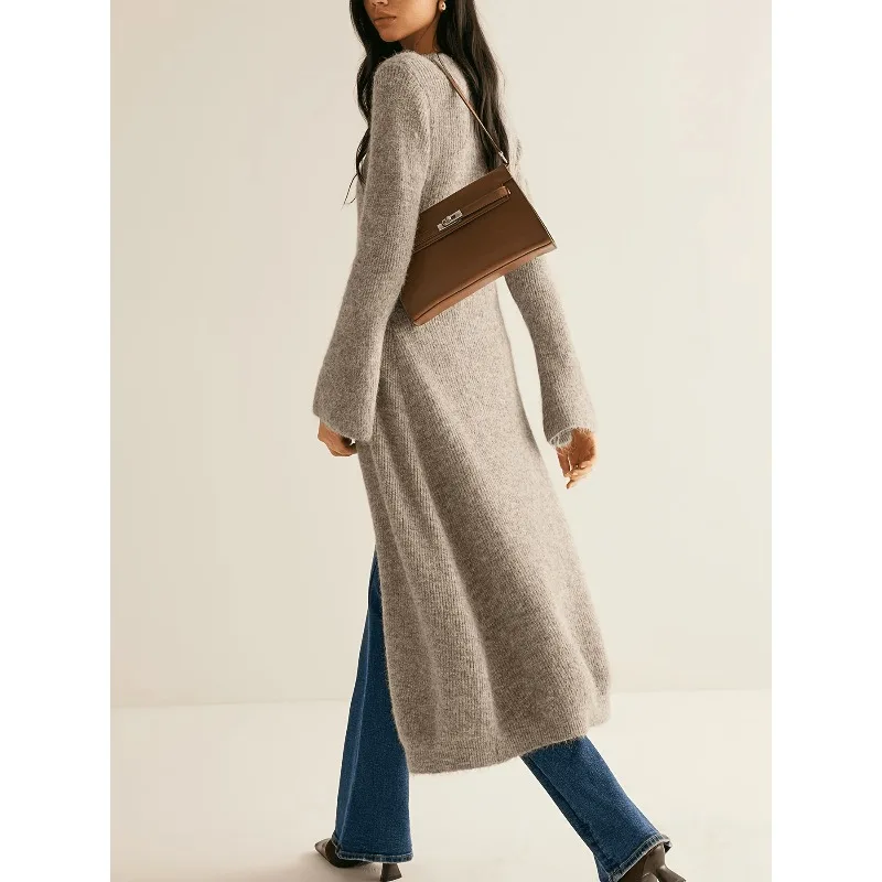 

Krismile вязаный кардиган цвета хаки во французском стиле, женские осенне-зимние однобортные длинные джемперы с v-образным вырезом и расклешенными рукавами, элегантные длинные джемперы 194136