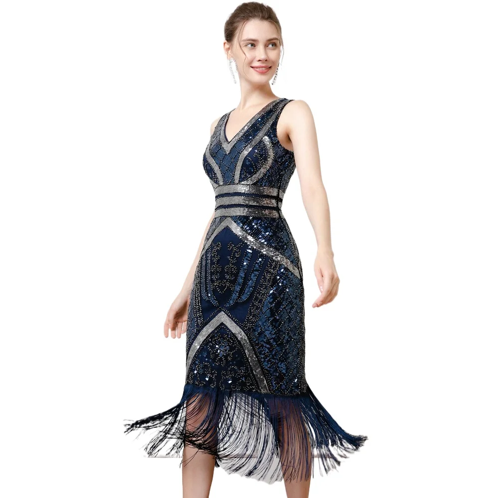 

Sexy Double V-neck Sleeveless Sequined Tassels Dance Dress Blue