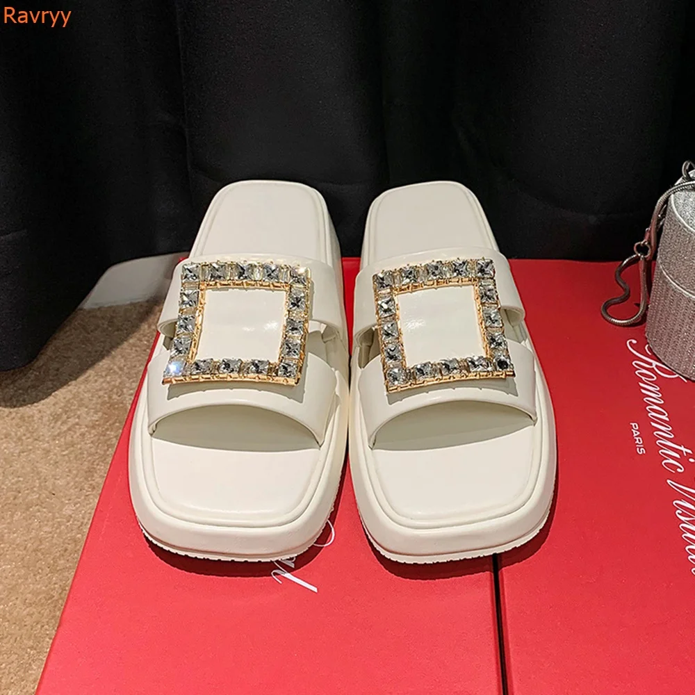 

2024 Newest Rhinestone Square Buckle Slippers Crystal Bling Bling Slip On Sandals Women Summer Fashion Platform Beach Slides