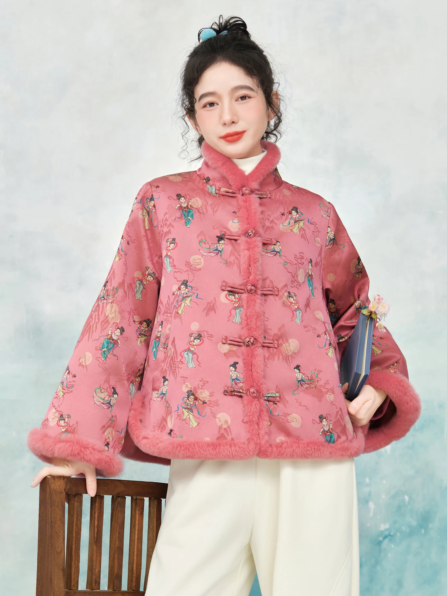 

Новая летняя куртка Su Ling с принтом из хлопка, зимнее пальто с воротником из кроличьего меха, традиционная китайская женская модная верхняя одежда