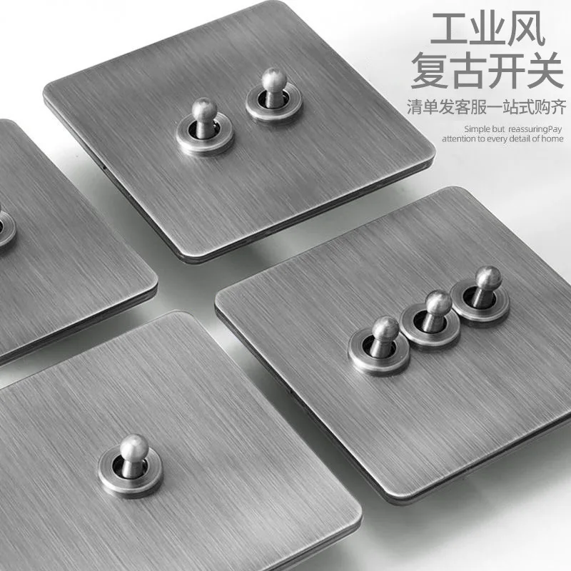 

Матовая панель из нержавеющей стали в индустриальном стиле, тип 86, настенный источник питания, розетка с пятью отверстиями, ретро, рычажный переключатель с одним открытым пятью отверстиями