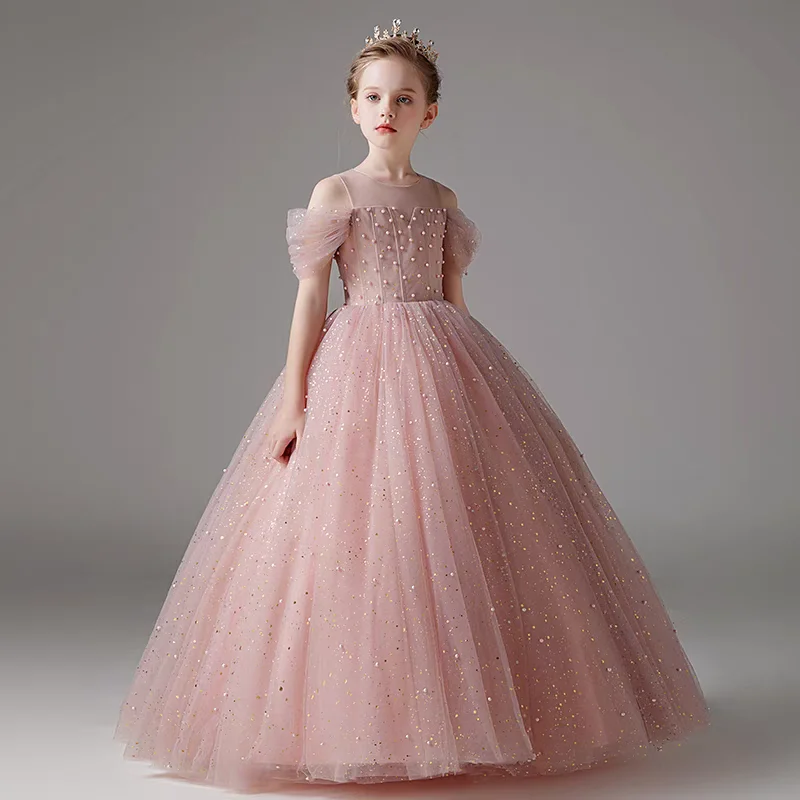 Perlenkindkleid aus Tüll, Kleid rosa Prinzessin