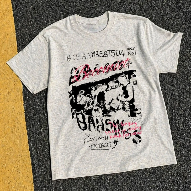 2026 New Vintage Rock Band Graffiti Print Cotton T Shirt Punk Street Short Sleeve Top