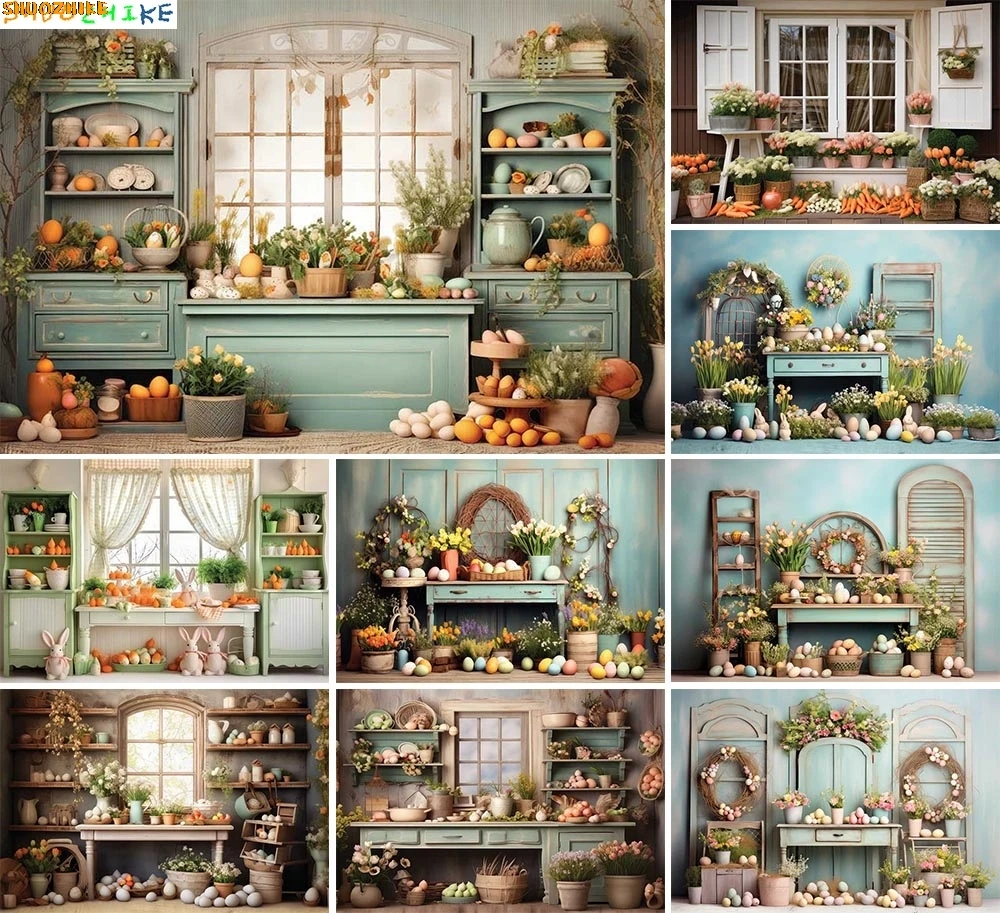 

Indoor Tent Children Birthday Photography Backdrops Props Happy Easter Day Rabbits Butterfly Eggs Flowers Photo Background TG-01