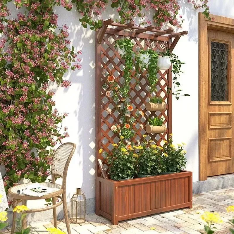 For Outdoor Garden Carbonized Wood Flower Box Stand Anti-corrosion Fence Planter Grid Partition Climbing Vine Support