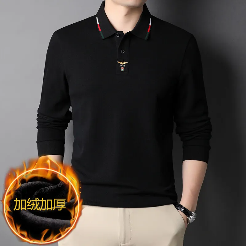 Autumn Winter Warm Long Sleeved Polo Shirts for Men Bee Embroidery Cotton Lapel T-shirts Business Casual Social Streetwear Tee