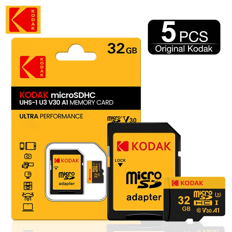 

5Pcs Wholesale Kodak Micro SD Card 32GB Memory Cards 64GB MicroSD Class10 V30 U3 A1 Video TF With SD Adapter on Tablet Camera