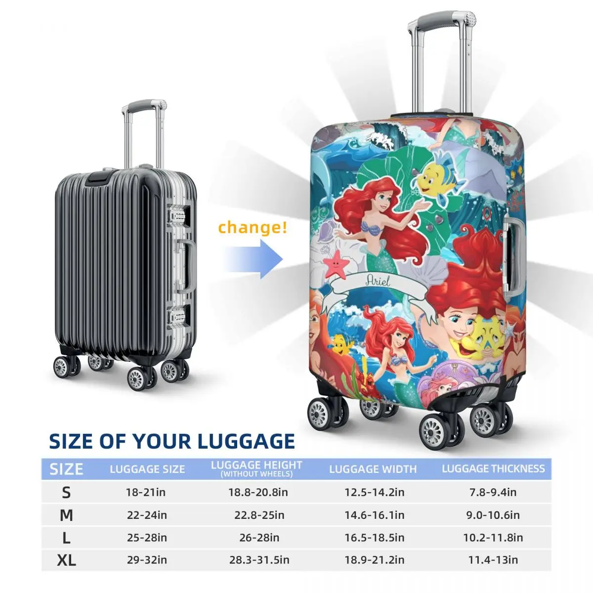 Pokrowiec na walizkę z motywem Małej Syrenki Ariel, kreskówka, ochrona podróżna, zabawa wakacyjna, akcesoria do bagażu