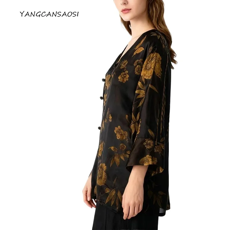 

Women's Fashion Early Autumn New Clothing Glossy Finish 35% Natural Mulberry Silk Satin V-neck Shoulder Nine Inch Sleeve Top