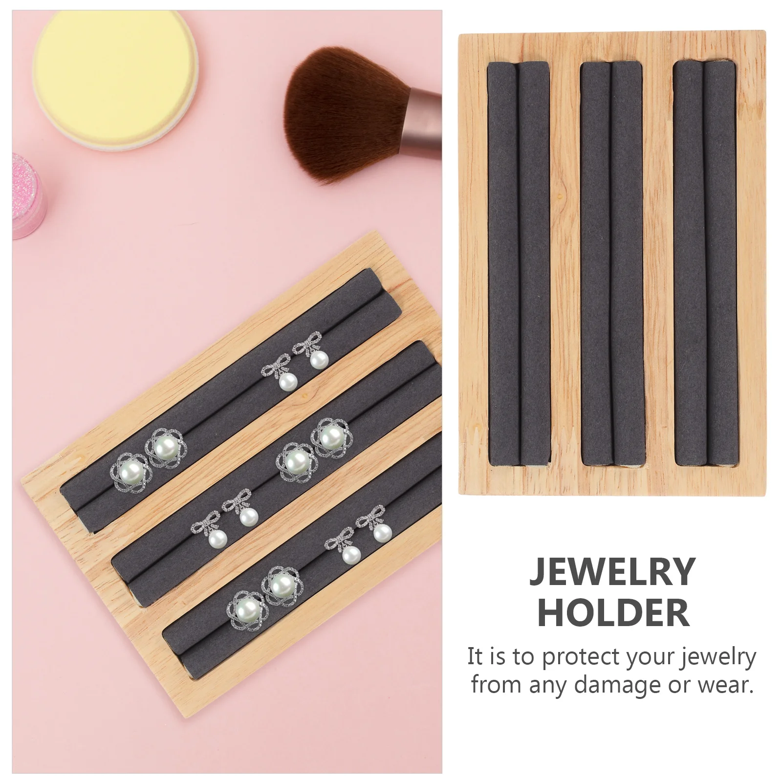 

Держатель для колец из цельного дерева, органайзер с 3-слотами, эластичная полоска, темно-серый лоток для демонстрации ювелирных изделий, защита для хранения колец