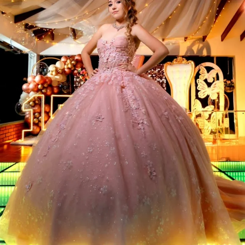 

Shiny Pink Quinceanera Dress off-shoulder Crystal Sequin Decal 3D Flower Long tail Bow vestidos de 15 Quinceanera ﻿Customized