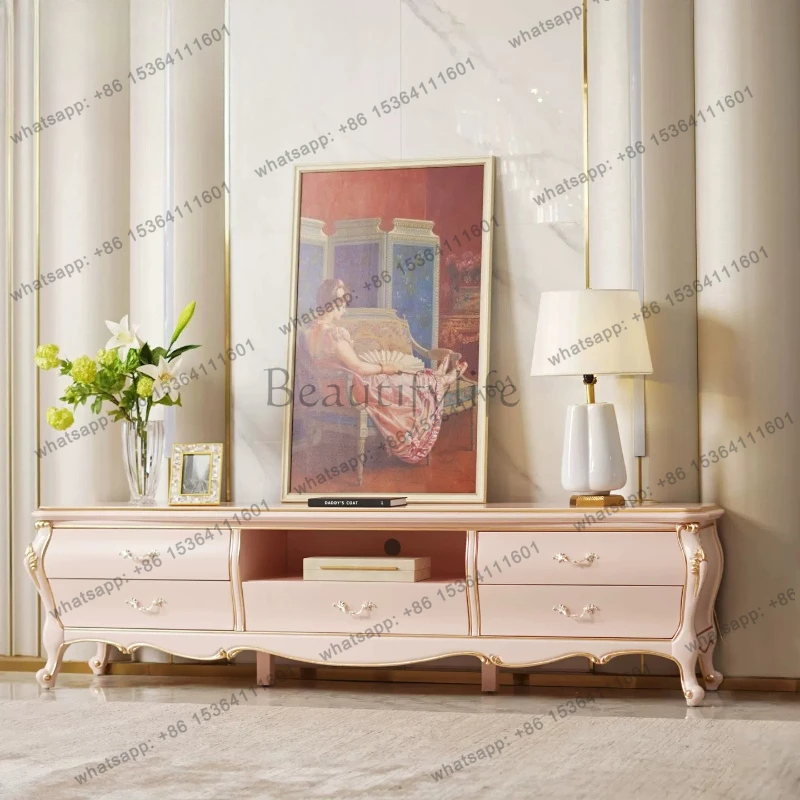 French light luxury solid wood TV cabinet palace style hall pink storage cabinet