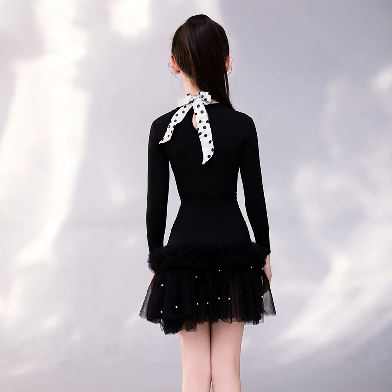 Kinderen Latin Danswedstrijd Kleding Voor Meisjes Zwarte Lange Mouwen Split Rokken Oefenpak Samba Chacha Latin Wear XH3635