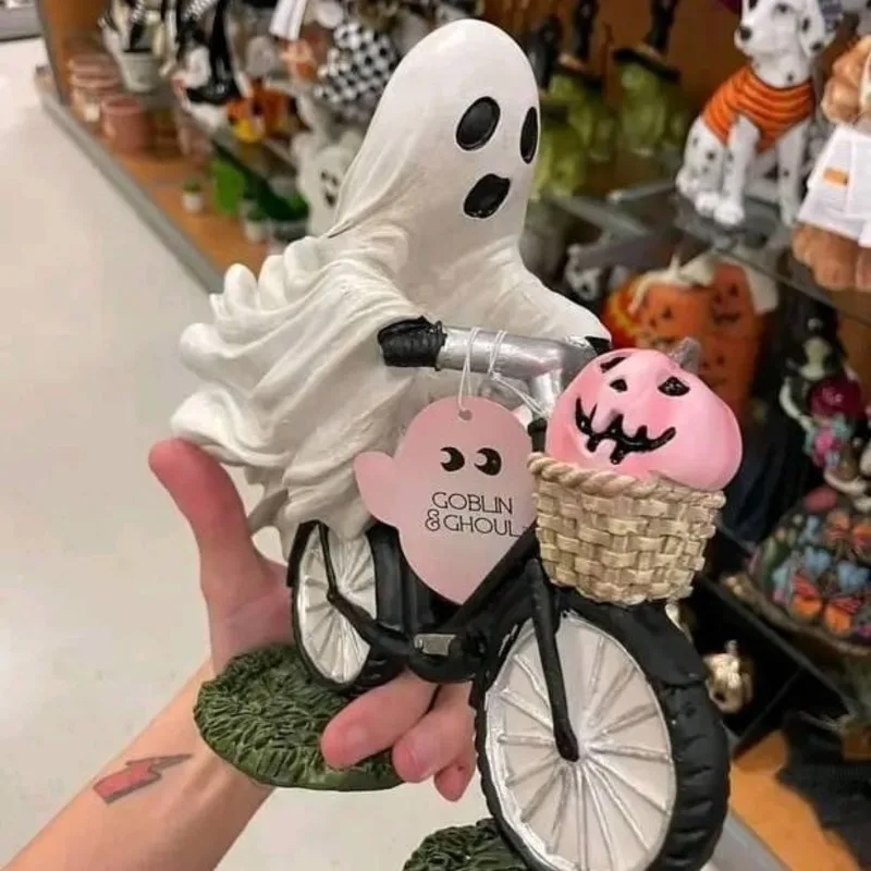 

2024 New Halloween Ghost By Bike Ornament With It Pink Pumpkin Cute Windowsill Bedroom Home Decoration Children's Birthday Gift