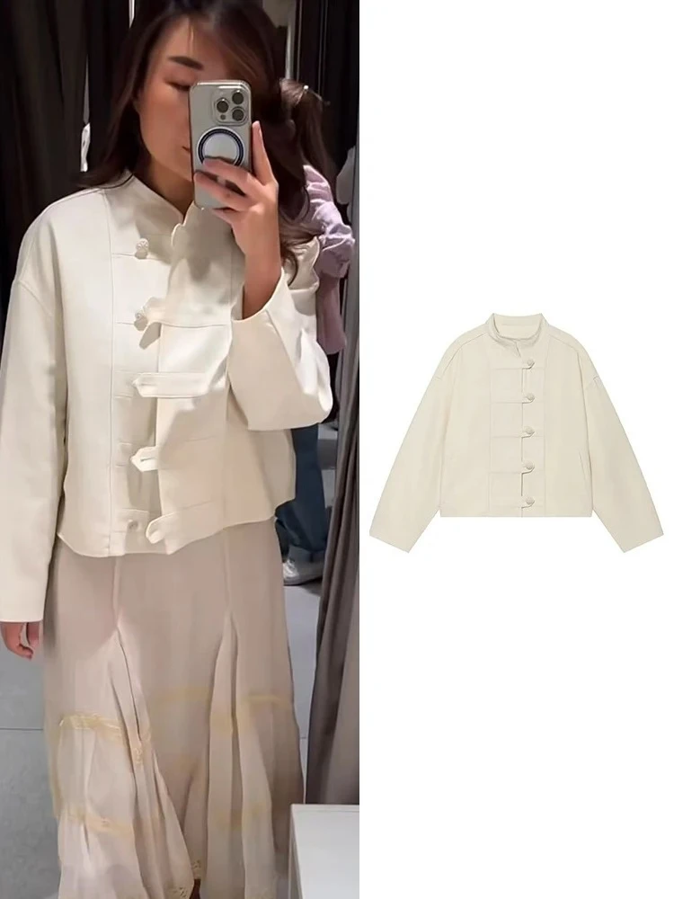 Beige Frog Button Stand Collar Cropped Jacket Women Long Sleeve Loose Women Daily Casual Outerwear Coat 260702