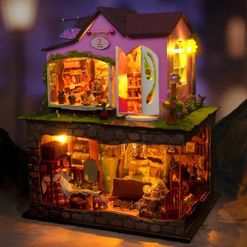 Bricolage sorcière boutique de magie Casa en bois Miniature modèle Kit 3D Puzzle maisons de poupée avec meubles maison de poupée pour amis cadeaux d'anniversaire