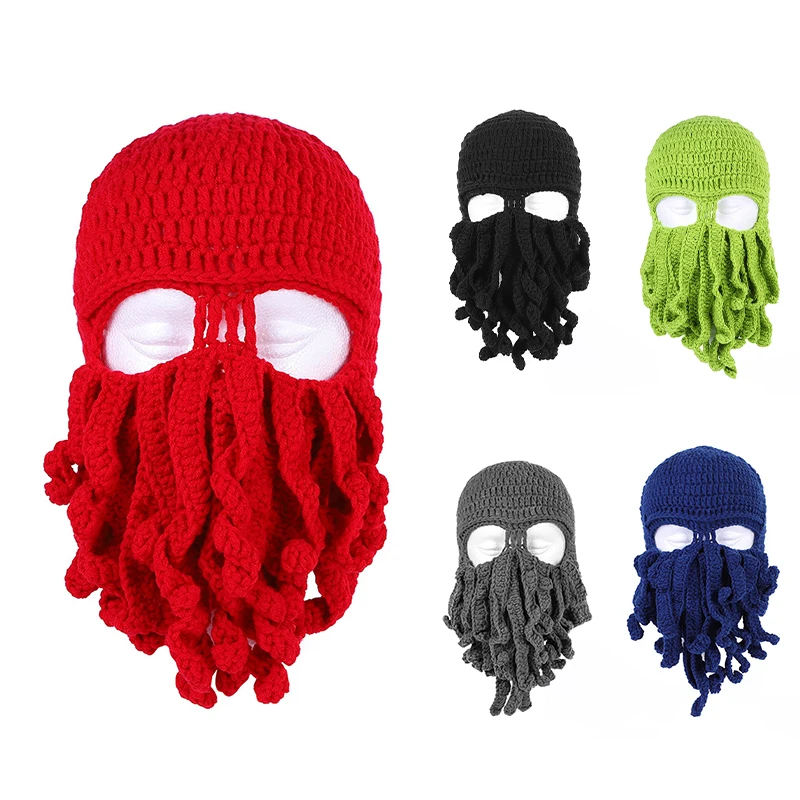 Funny Handmade Tentacle Octopus Hat Crochet Animal Beard Beanie Cap For Men Women Fashion Outdoor Windproof Soft Knit Mask Hats